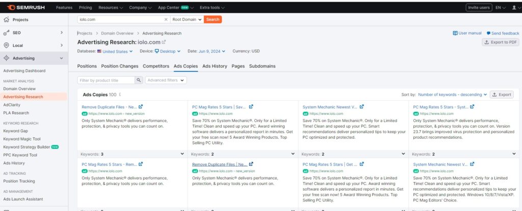 advertising research semrush